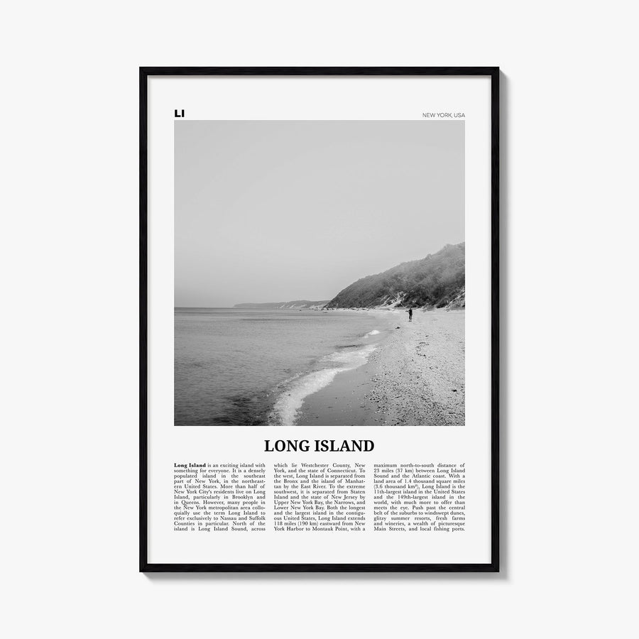 Long Island no. 2 black & white newspaper poster of New York, USA – vertical wall art, unframed print shown in interior mocku