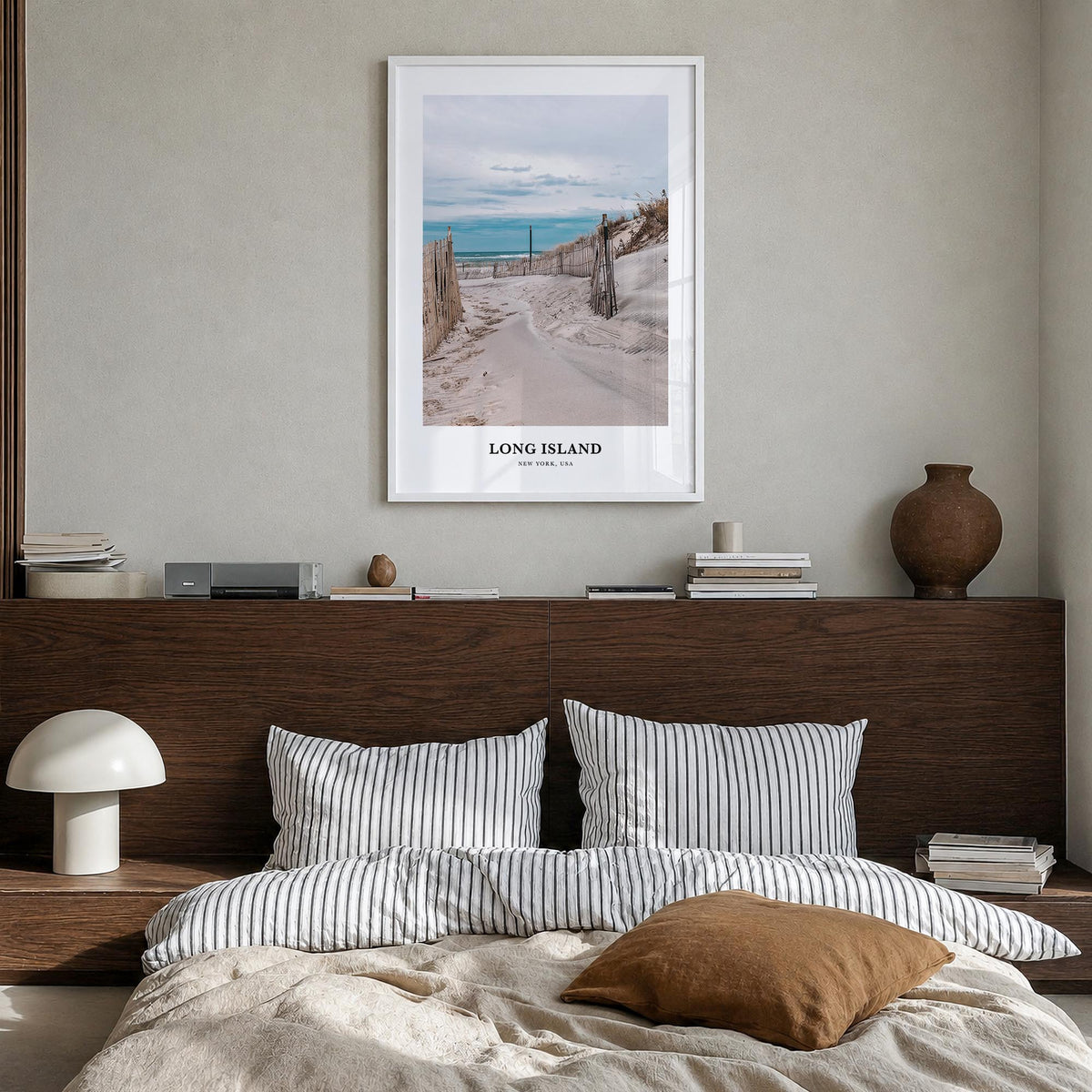 Long Island no. 2 colorful classic poster of New York, USA – vertical wall art in white wood frame, hanging on wall