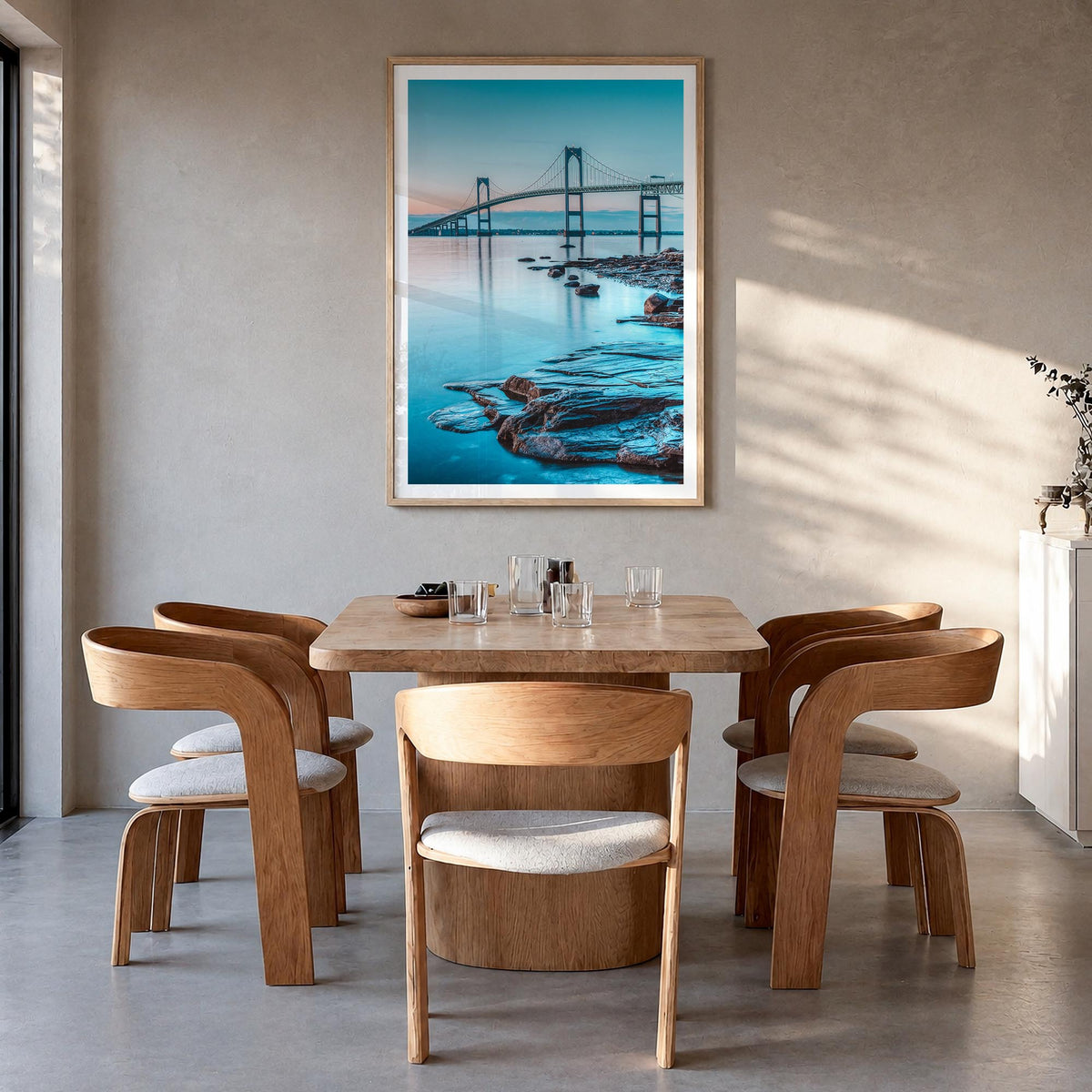 Long Island no. 3 colorful photo poster of New York, USA – vertical wall art in natural wood frame with white border, hanging
