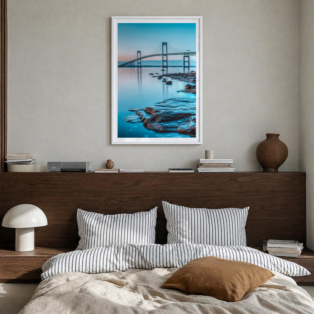 Long Island no. 3 colorful photo poster of New York, USA – vertical wall art in white wood frame with white border, hanging o