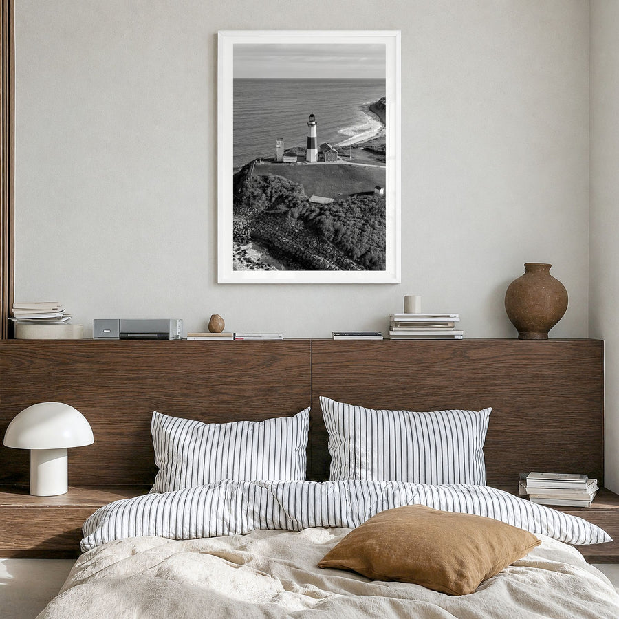 Long Island Photo Poster in a white wood frame, hanging in a bedroom, white border