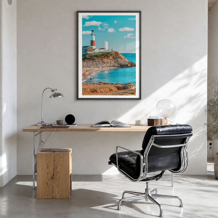 Long Island Photo No 1 Poster in a black wood frame, hanging in a bright home office, white border