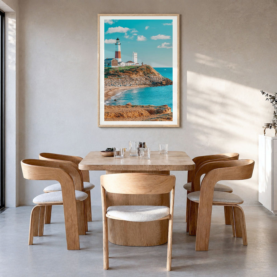 Long Island Photo No 1 Poster in a natural wood frame, hanging in a dining room, white border
