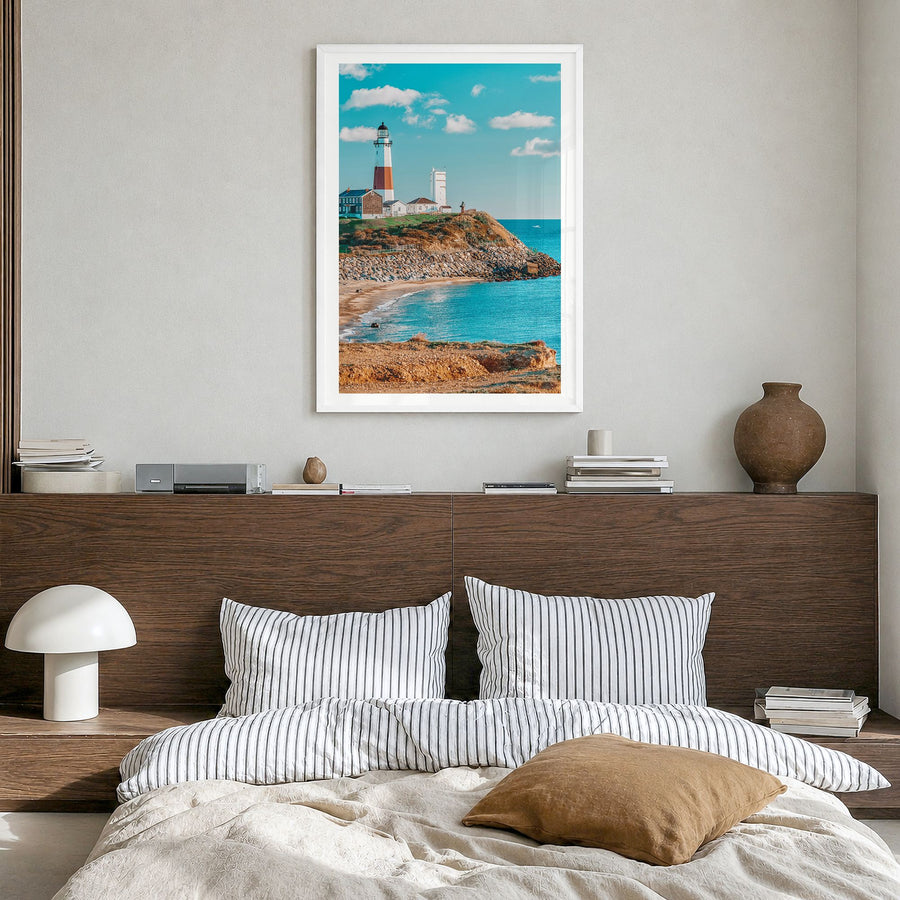 Long Island Photo No 1 Poster in a white wood frame, hanging in a bedroom, white border