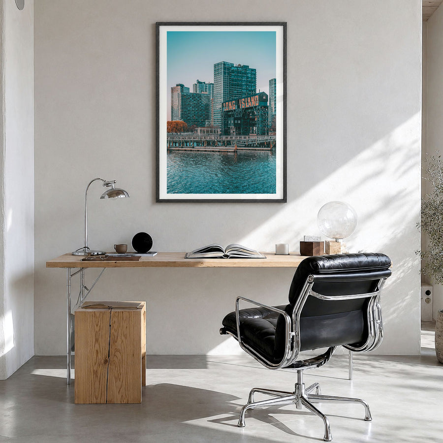Long Island Photo No 2 Poster in a black wood frame, hanging in a bright home office, white border