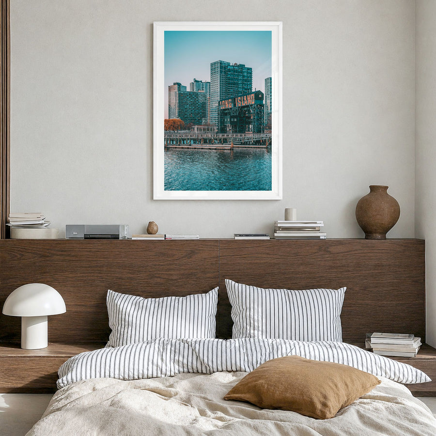 Long Island Photo No 2 Poster in a white wood frame, hanging in a bedroom, white border