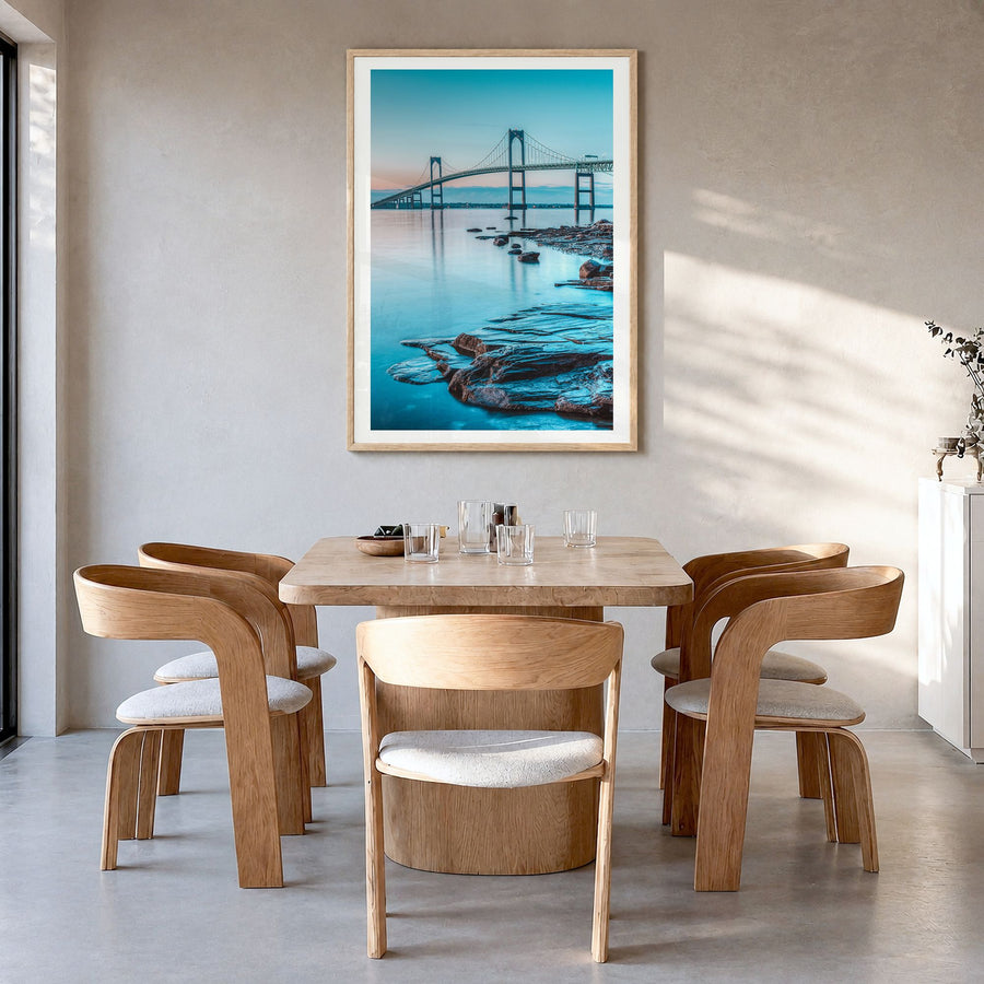 Long Island Photo No 3 Poster in a natural wood frame, hanging in a dining room, white border