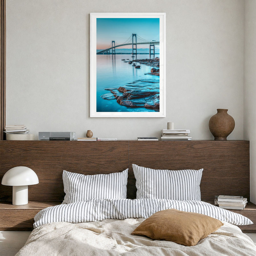 Long Island Photo No 3 Poster in a white wood frame, hanging in a bedroom, white border