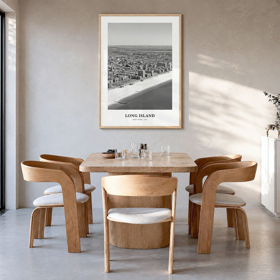 Long Island Classic No 2 Poster in a natural wood frame, hanging in a dining room