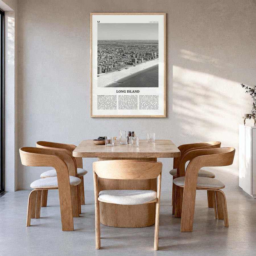 Long Island Newspaper No 1 Poster in a natural wood frame, hanging in a dining room