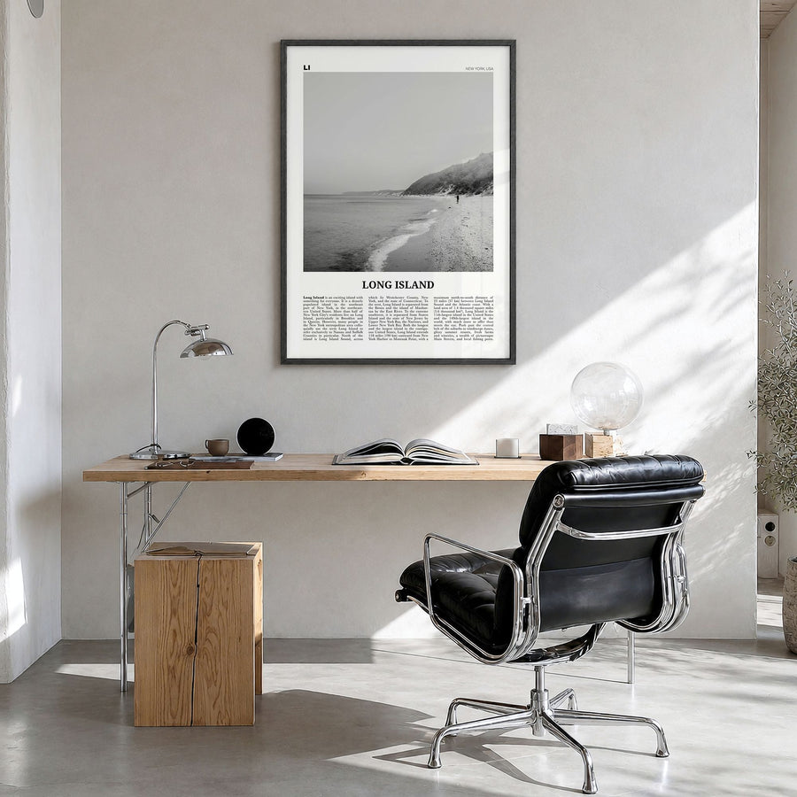 Long Island Newspaper No 2 Poster in a black wood frame, hanging in a bright home office