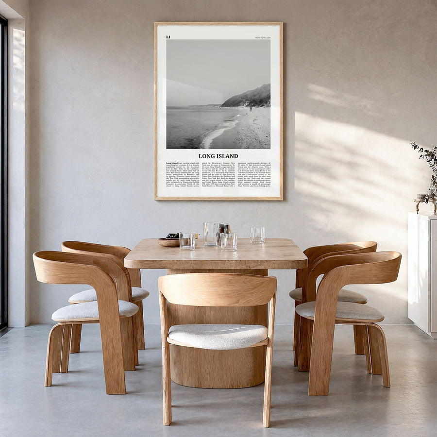Long Island Newspaper No 2 Poster in a natural wood frame, hanging in a dining room