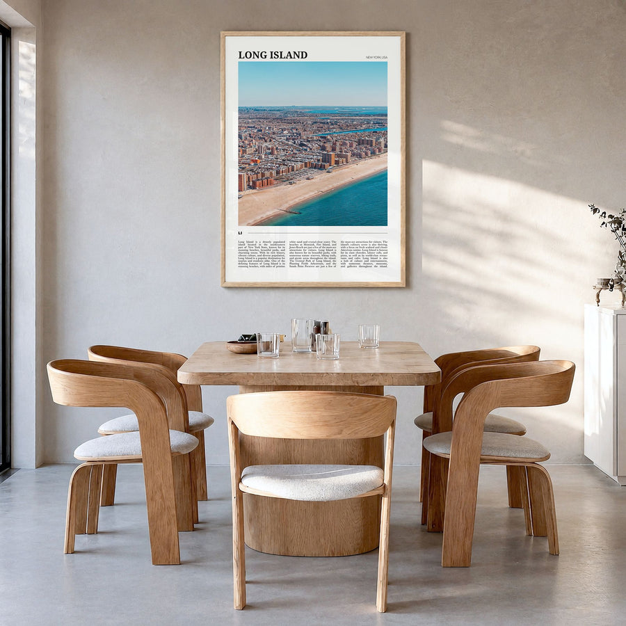 Long Island Travel No 1 Poster in a natural wood frame, hanging in a dining room