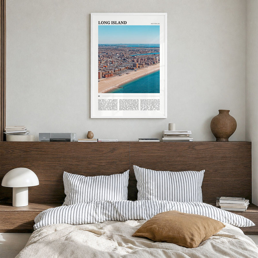 Long Island Travel No 1 Poster in a white wood frame, hanging in a bedroom