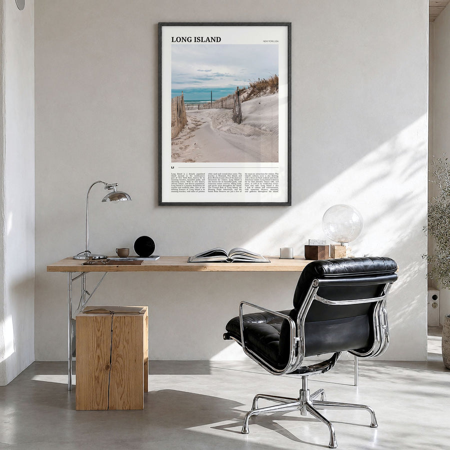 Long Island Travel No 2 Poster in a black wood frame, hanging in a bright home office