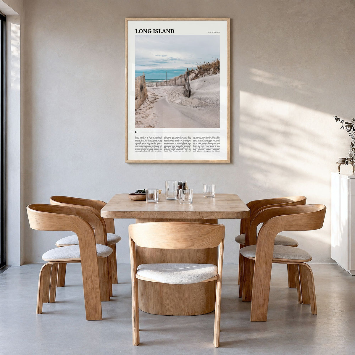 Long Island Travel No 2 Poster in a natural wood frame, hanging in a dining room