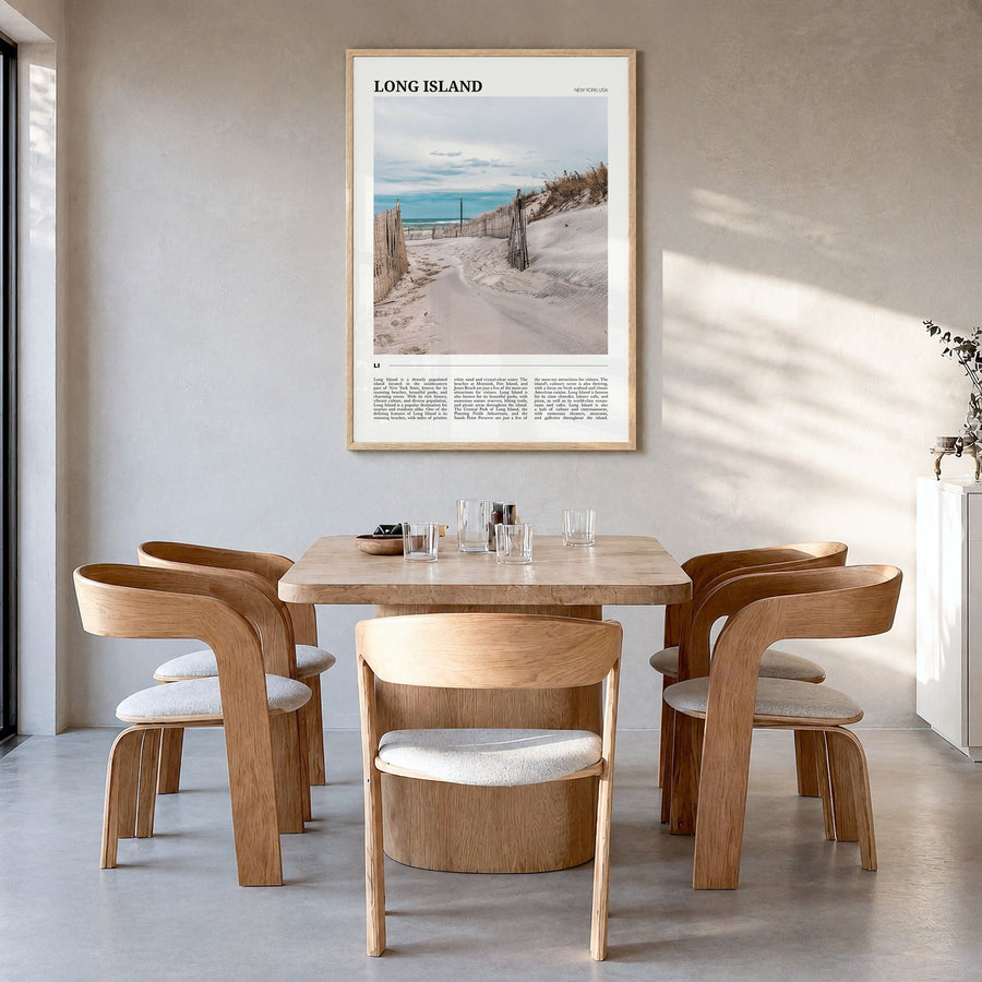 Long Island Travel No 2 Poster in a natural wood frame, hanging in a dining room