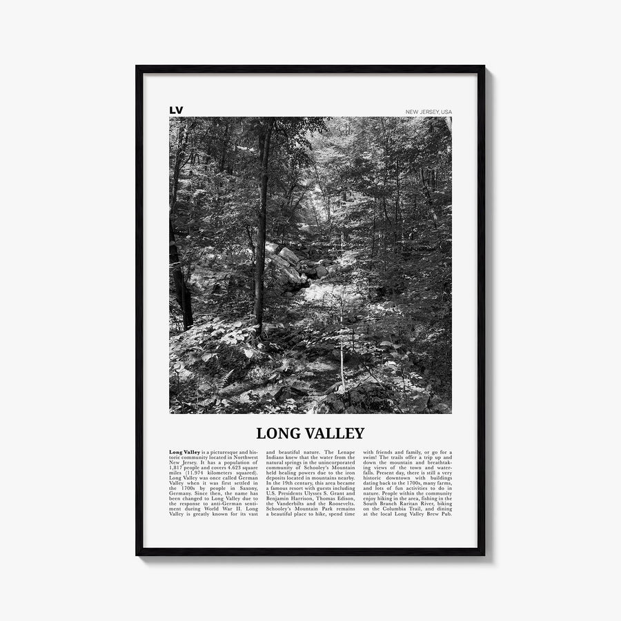 Long Valley black & white newspaper poster of California, USA – vertical wall art, unframed print shown in interior mockup