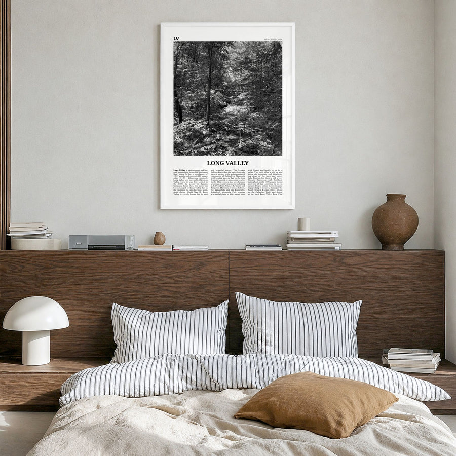 Long Valley Newspaper Poster in a white wood frame, hanging in a bedroom