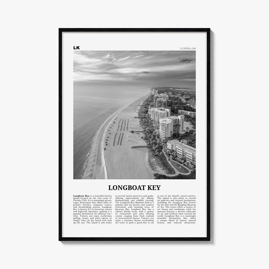 Longboat Key black & white newspaper poster of Florida, USA – vertical wall art, unframed print shown in interior mockup