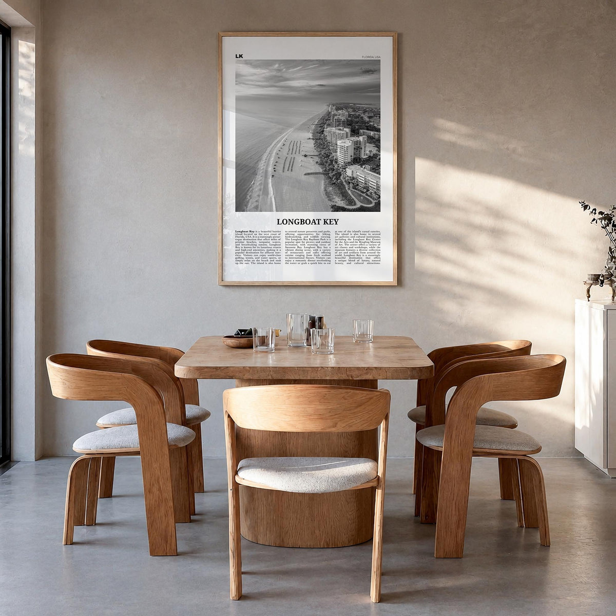 Longboat Key black & white newspaper poster of Florida, USA – vertical wall art in natural wood frame, hanging on wall