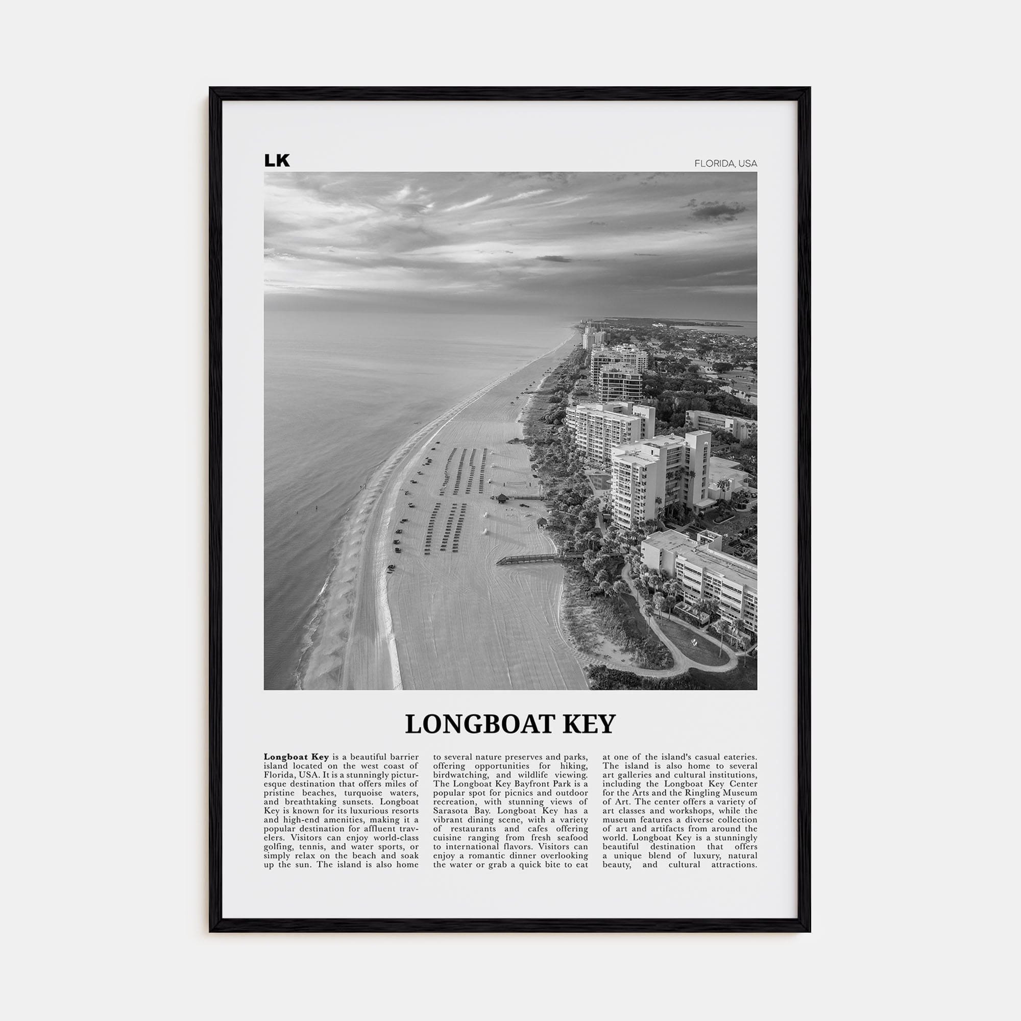 Longboat Key Poster Black Wood / 8x12 in Nbourhood Travel B&W Poster