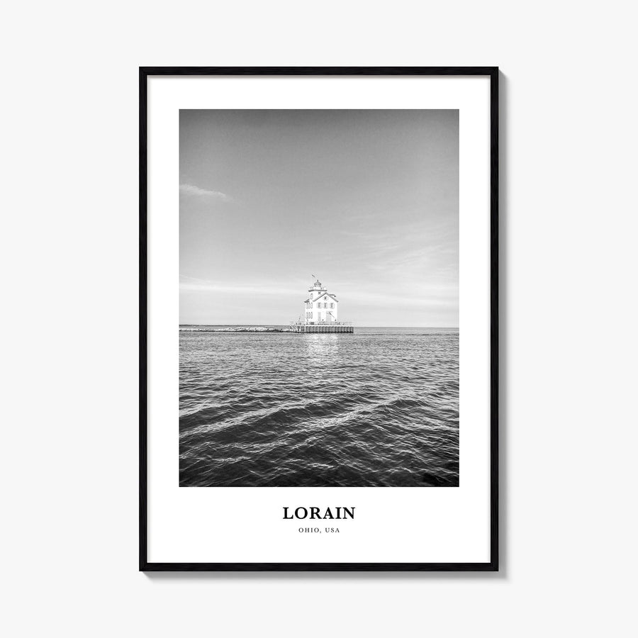 Lorain black & white classic poster of Ohio, USA – vertical wall art, unframed print shown in interior mockup