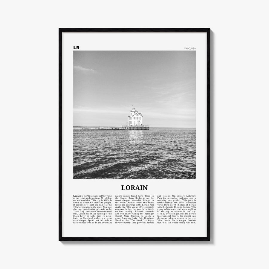 Lorain black & white newspaper poster of Ohio, USA – vertical wall art, unframed print shown in interior mockup