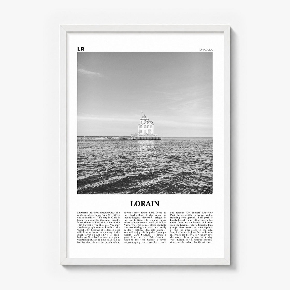 Lorain Newspaper Poster in a white wood frame