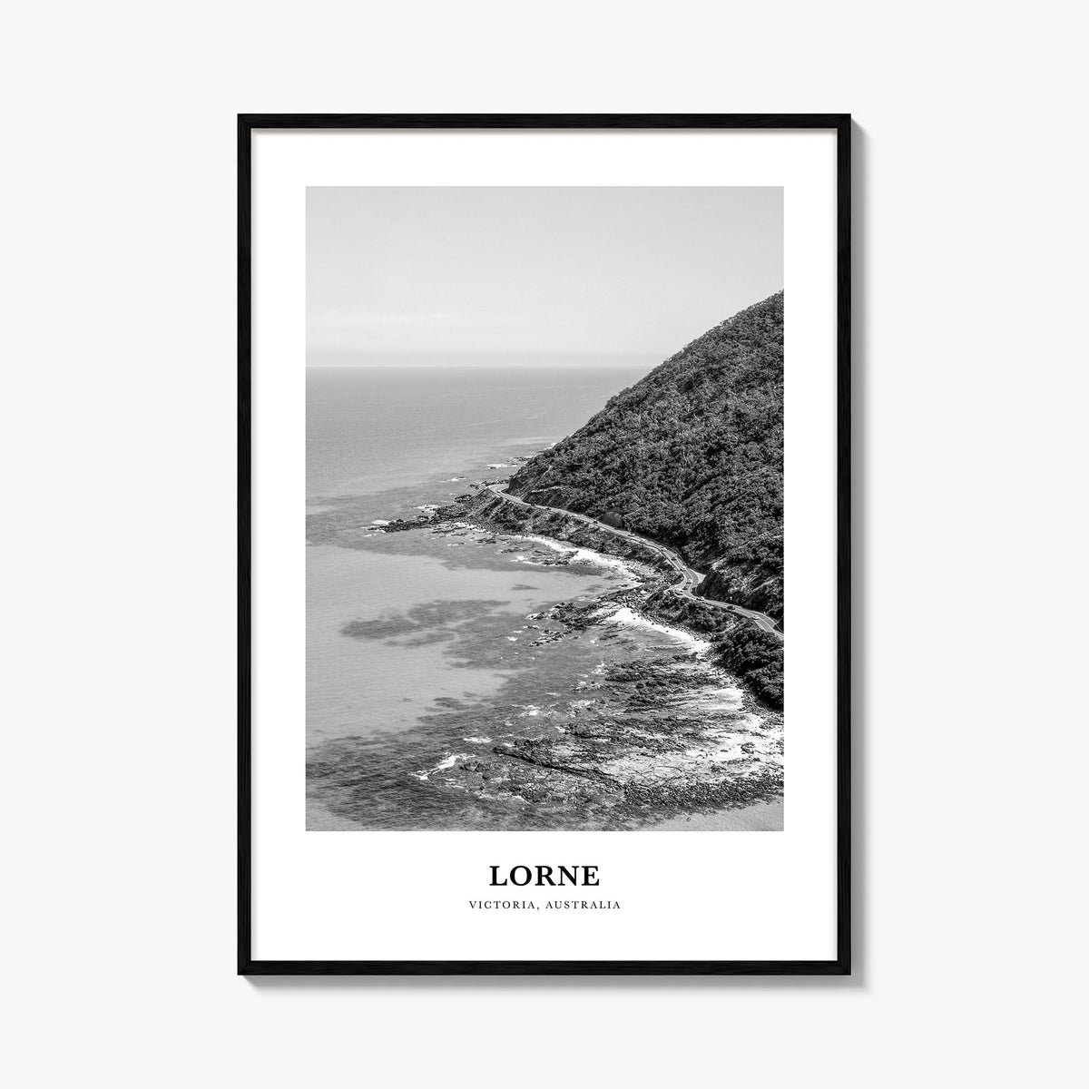Lorne black & white classic poster of Victoria, Australia – vertical wall art, unframed print shown in interior mockup