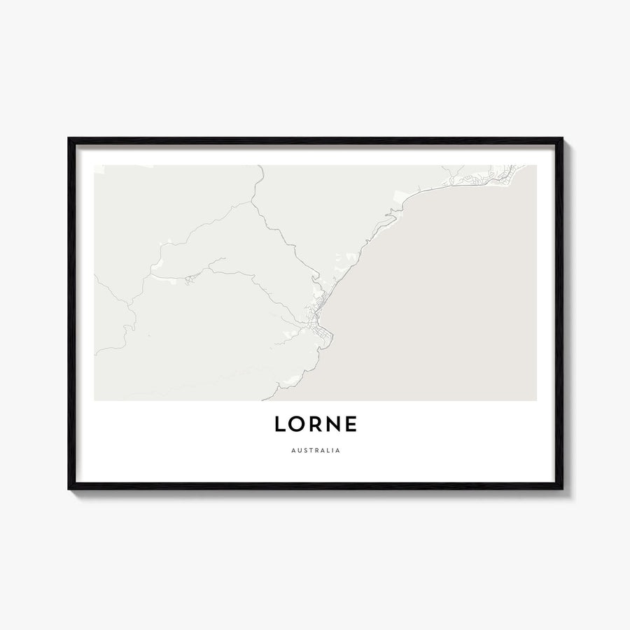 Lorne black & white map poster of Victoria, Australia – horizontal wall art, unframed print shown in interior mockup
