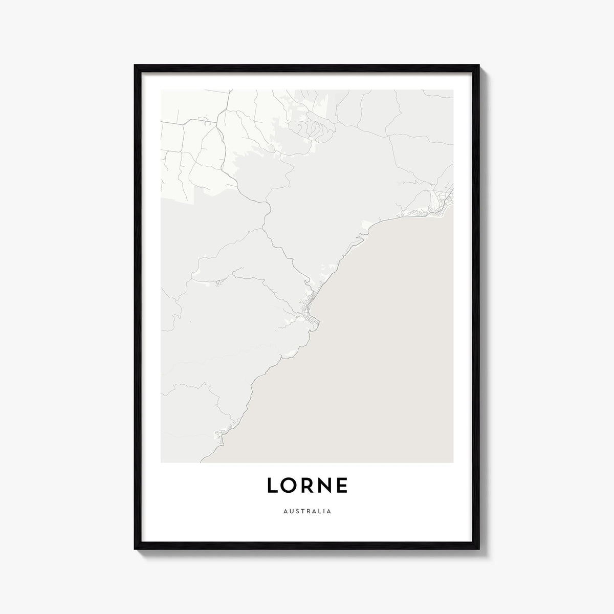Lorne black & white map poster of Victoria, Australia – vertical wall art, unframed print shown in interior mockup