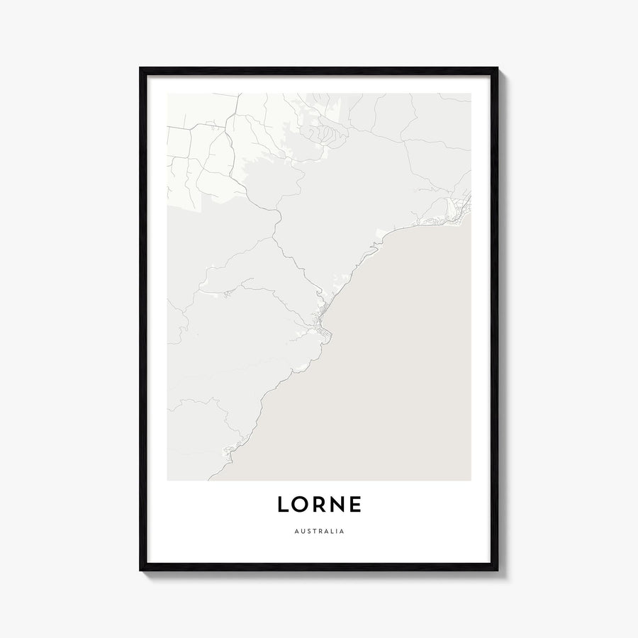 Lorne black & white map poster of Victoria, Australia – vertical wall art, unframed print shown in interior mockup