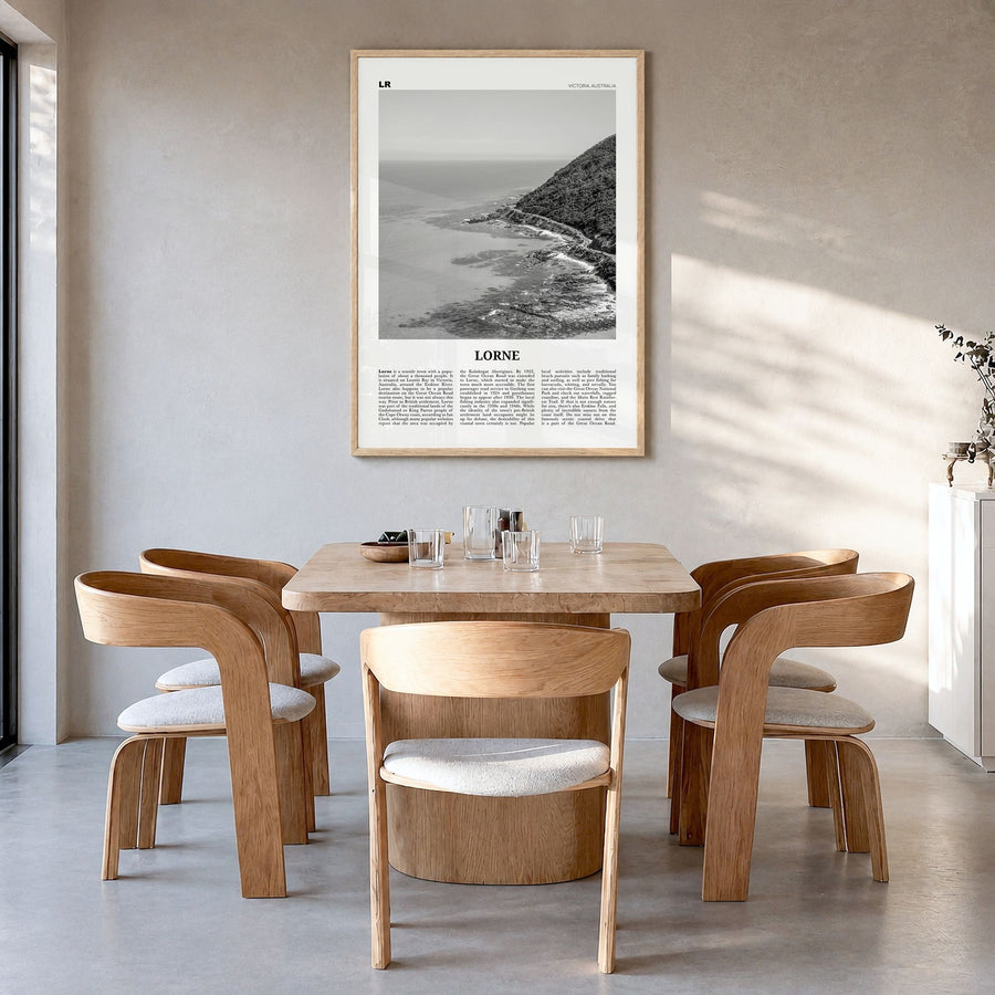 Lorne Newspaper Poster in a natural wood frame, hanging in a dining room