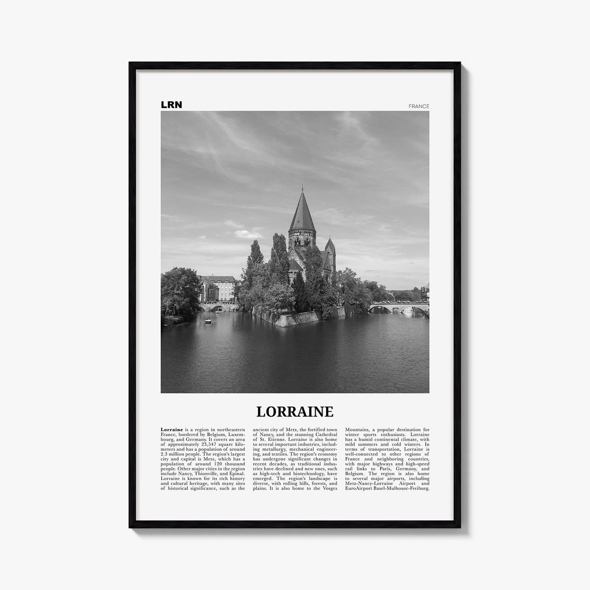 Lorraine black & white newspaper poster of France – vertical wall art, unframed print shown in interior mockup