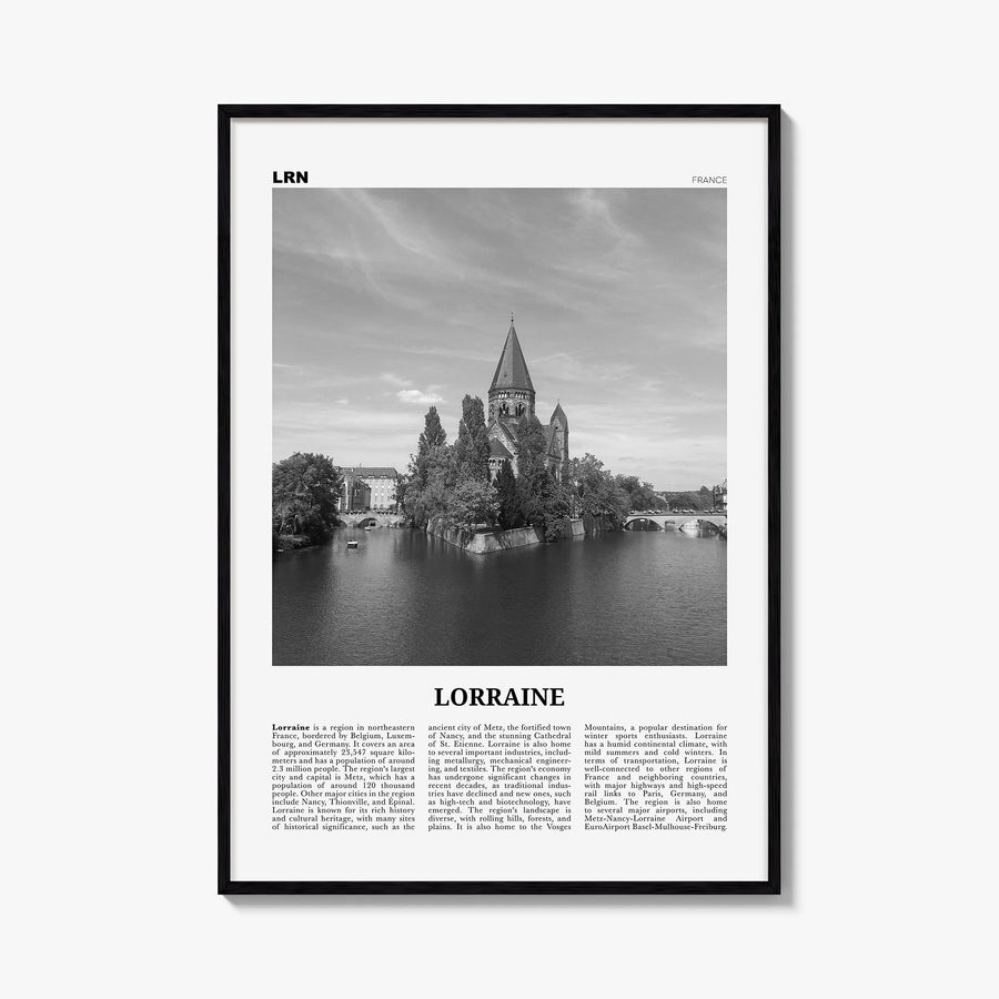 Lorraine black & white newspaper poster of France – vertical wall art, unframed print shown in interior mockup