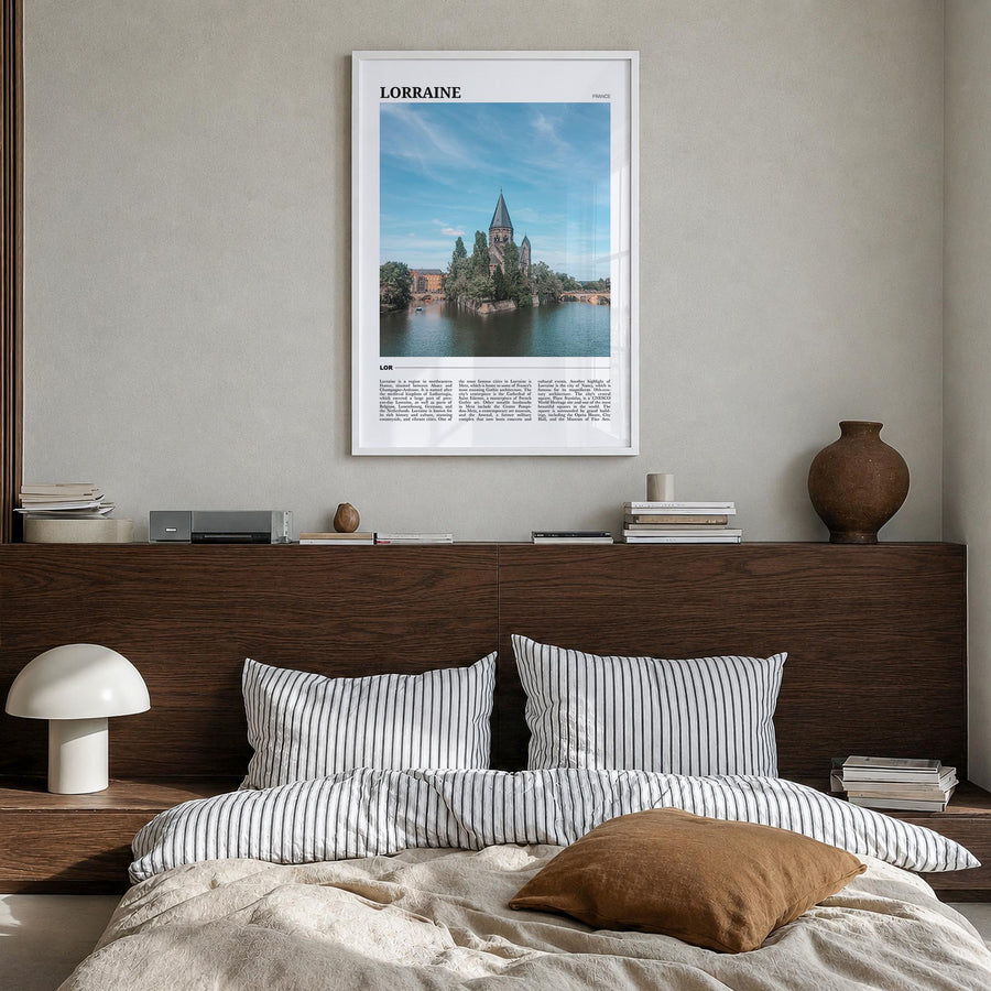 Lorraine colorful travel poster of France – vertical wall art in white wood frame, hanging on wall