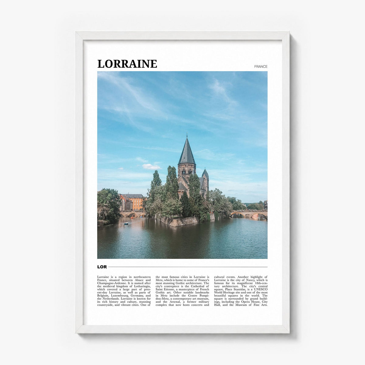 Lorraine Travel Poster in a white wood frame