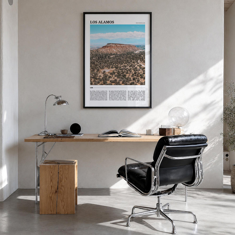 Los Alamos colorful travel poster of Chile – vertical wall art in black wood frame, hanging on wall