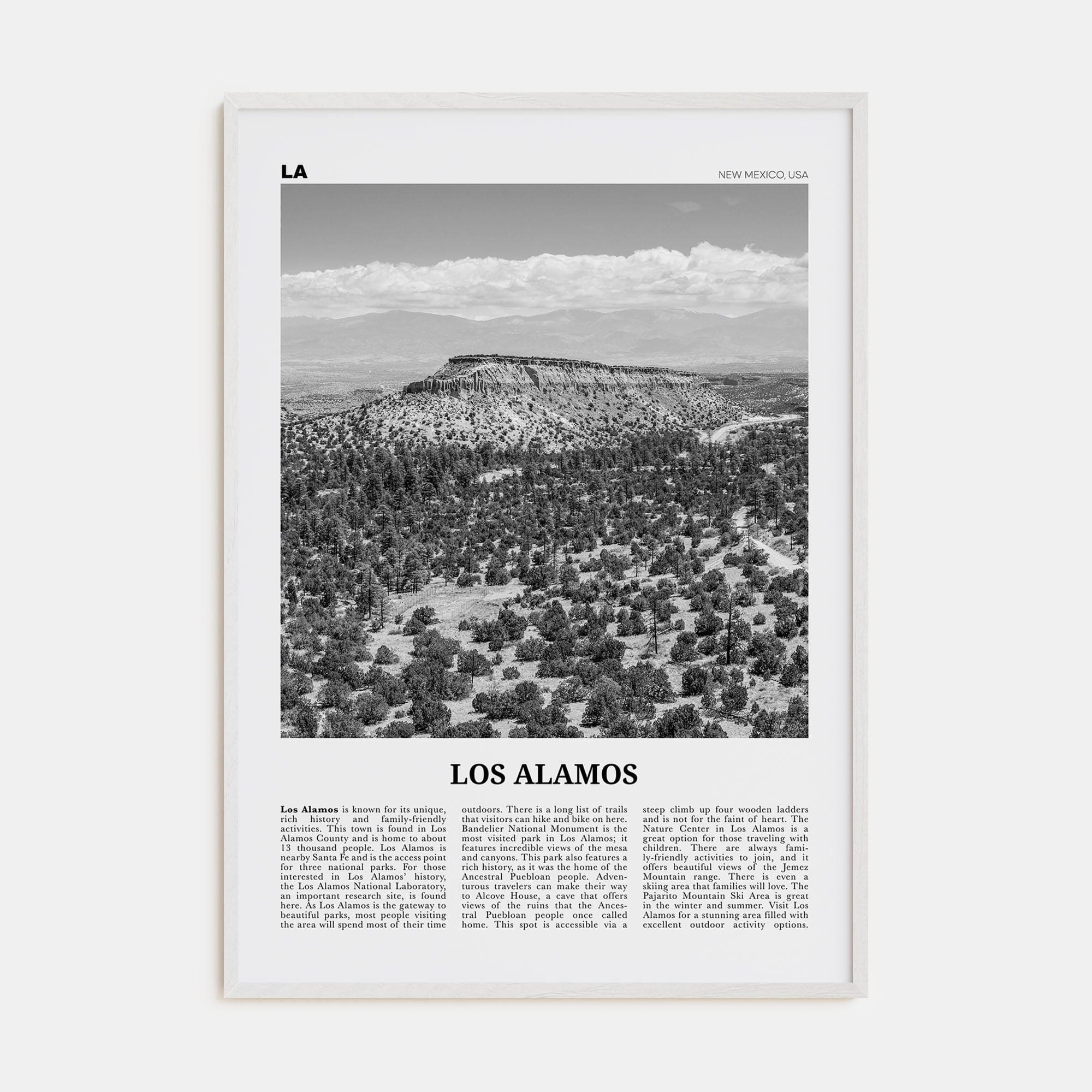 Los Alamos Poster White Wood / 8x12 in Nbourhood Travel B&W Poster