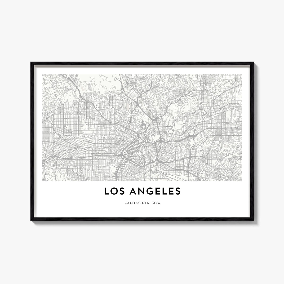 Los Angeles black & white map poster of California, USA – horizontal wall art, unframed print shown in interior mockup