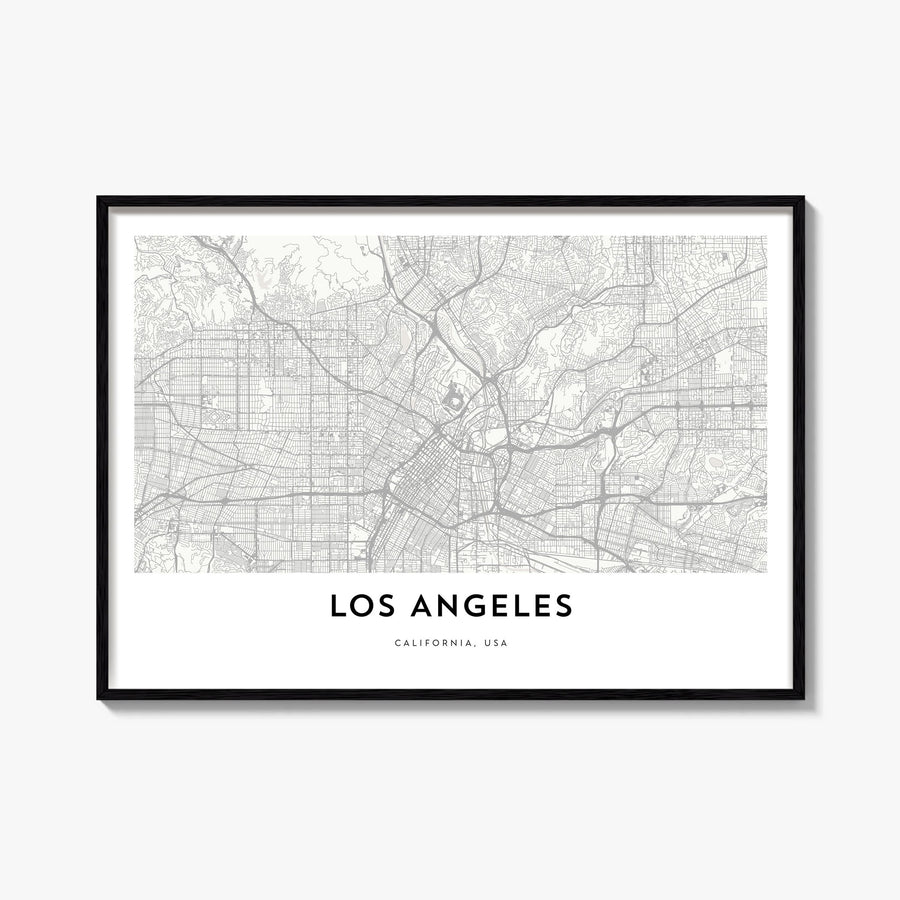 Los Angeles black & white map poster of California, USA – horizontal wall art, unframed print shown in interior mockup