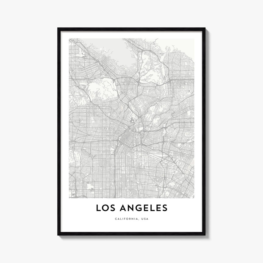 Los Angeles black & white map poster of California, USA – vertical wall art, unframed print shown in interior mockup