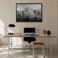 Los Angeles black & white photo poster of California, USA – horizontal wall art in black wood frame, hanging on wall