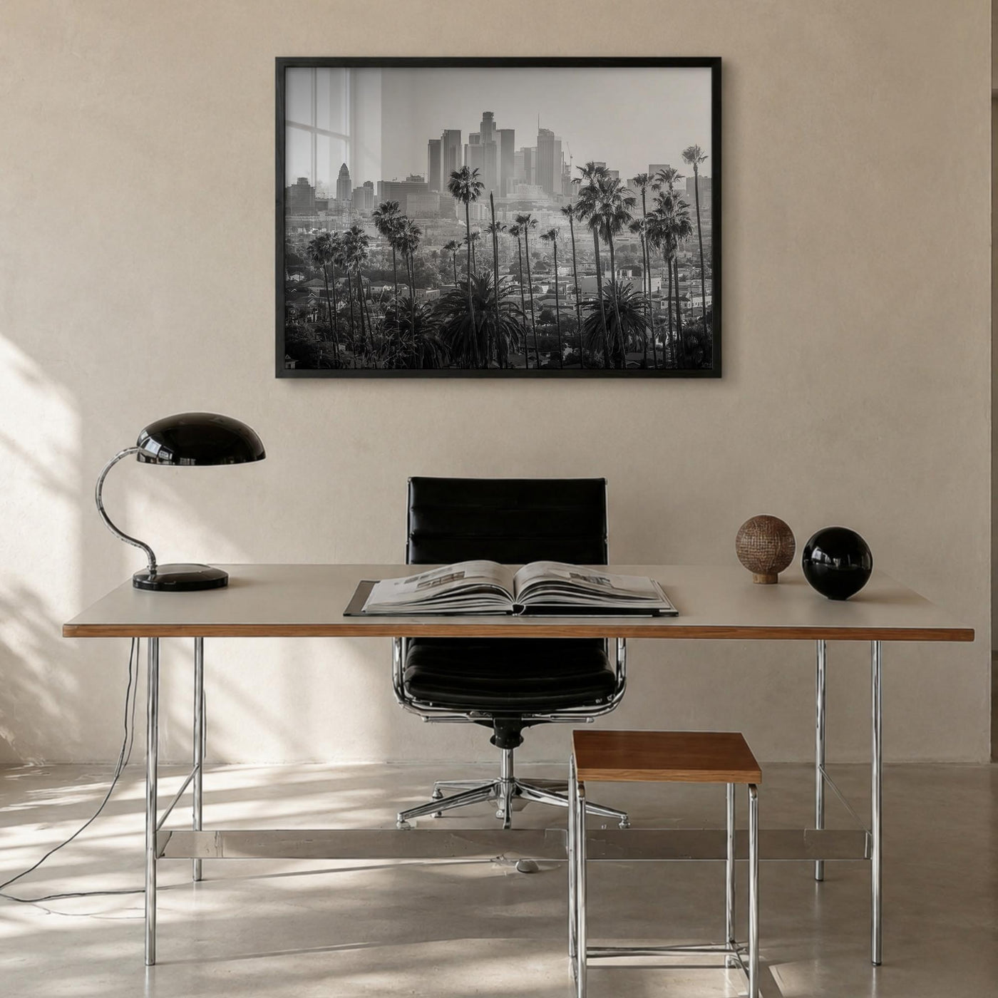 Los Angeles black & white photo poster of California, USA – horizontal wall art in black wood frame, hanging on wall