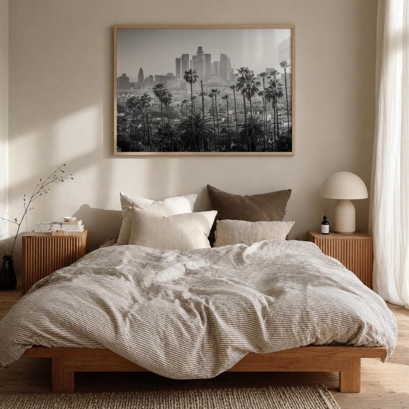Los Angeles black & white photo poster of California, USA – horizontal wall art in natural wood frame, hanging on wall