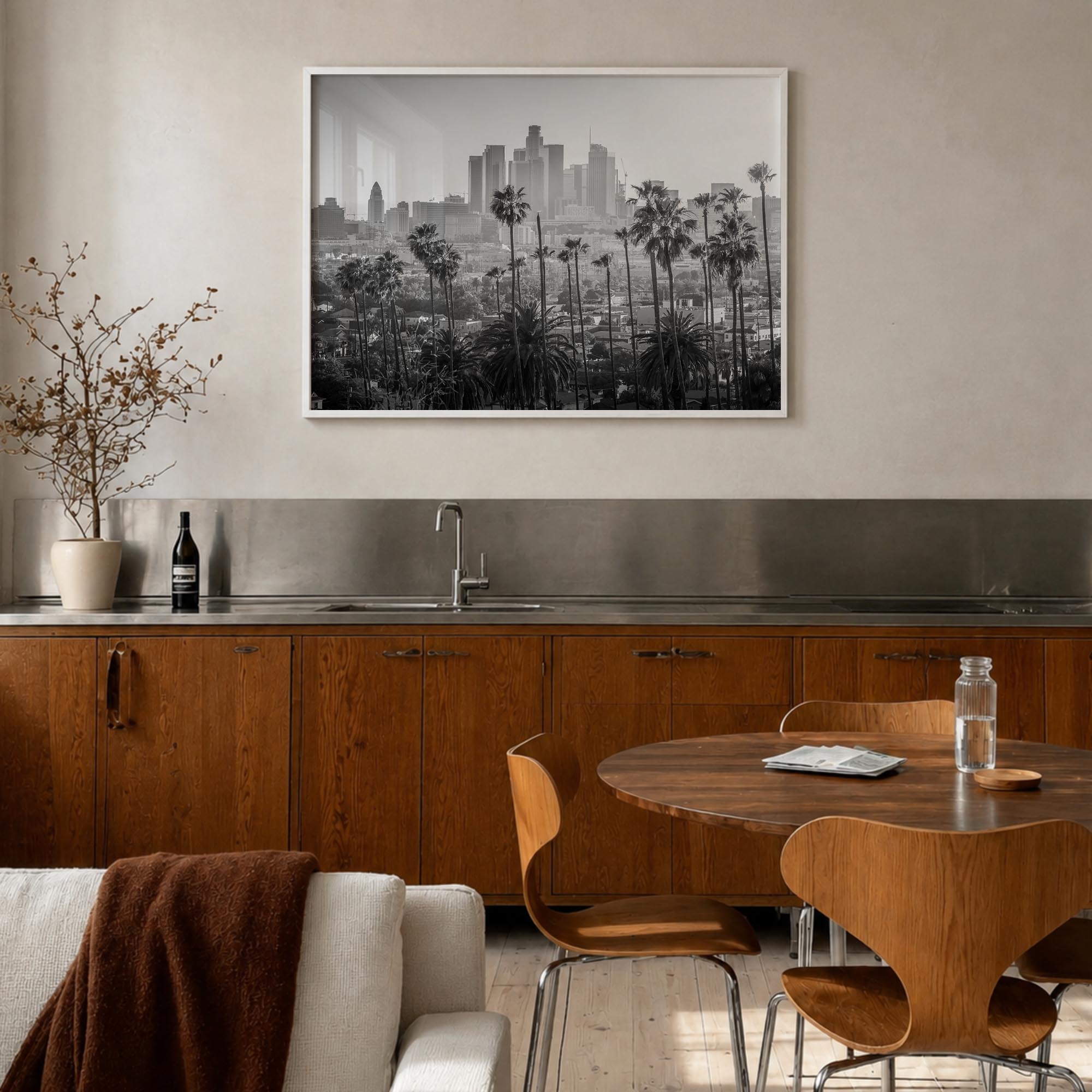 Los Angeles black & white photo poster of California, USA – horizontal wall art in white wood frame, hanging on wall