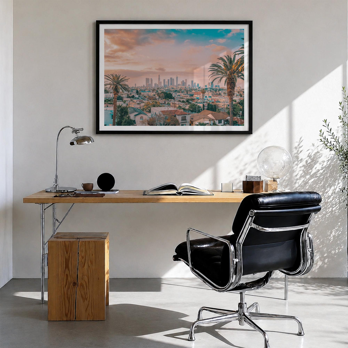 Los Angeles colorful photo poster of California, USA – horizontal wall art in black wood frame with white border, hanging on 