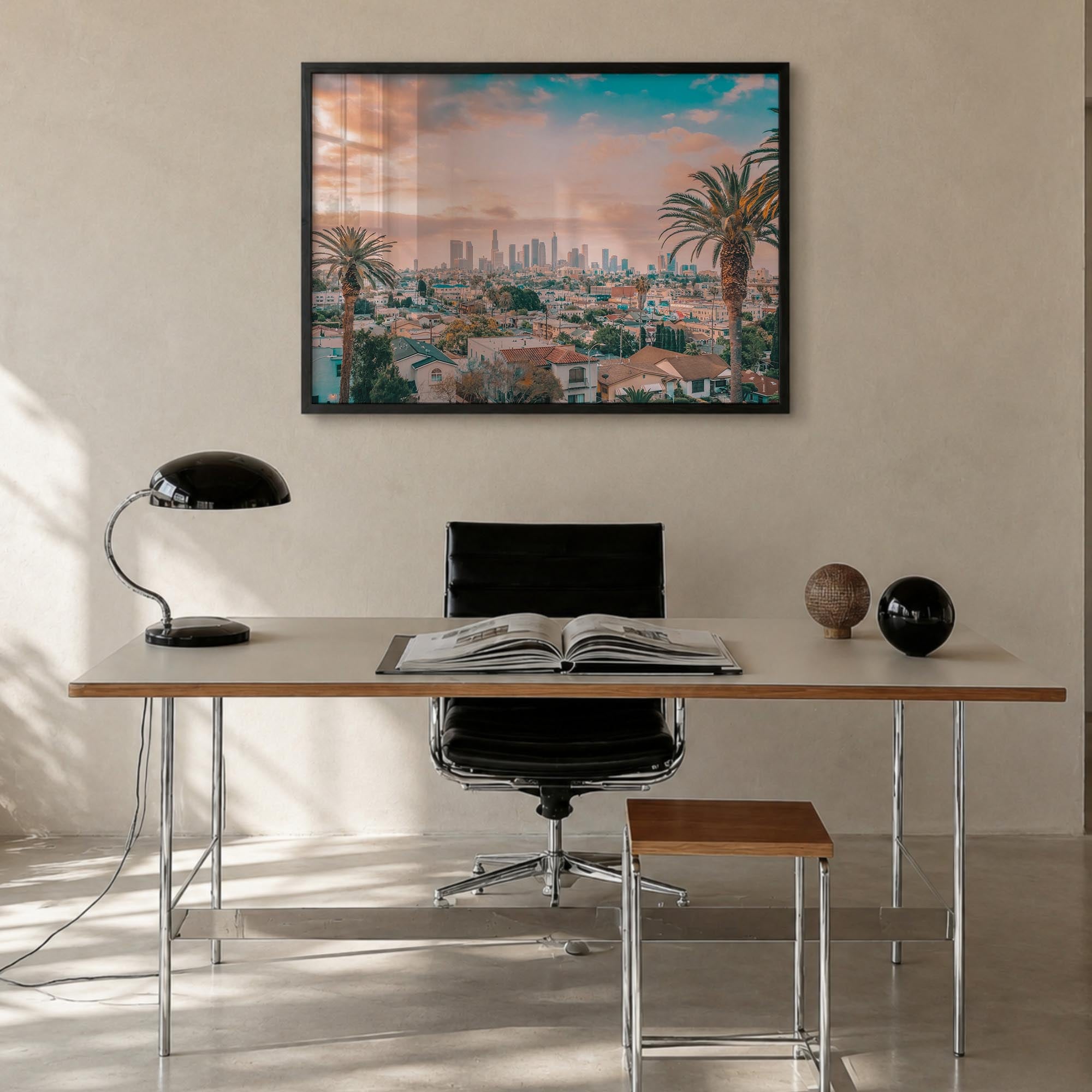 Los Angeles colorful photo poster of California, USA – horizontal wall art in black wood frame, hanging on wall