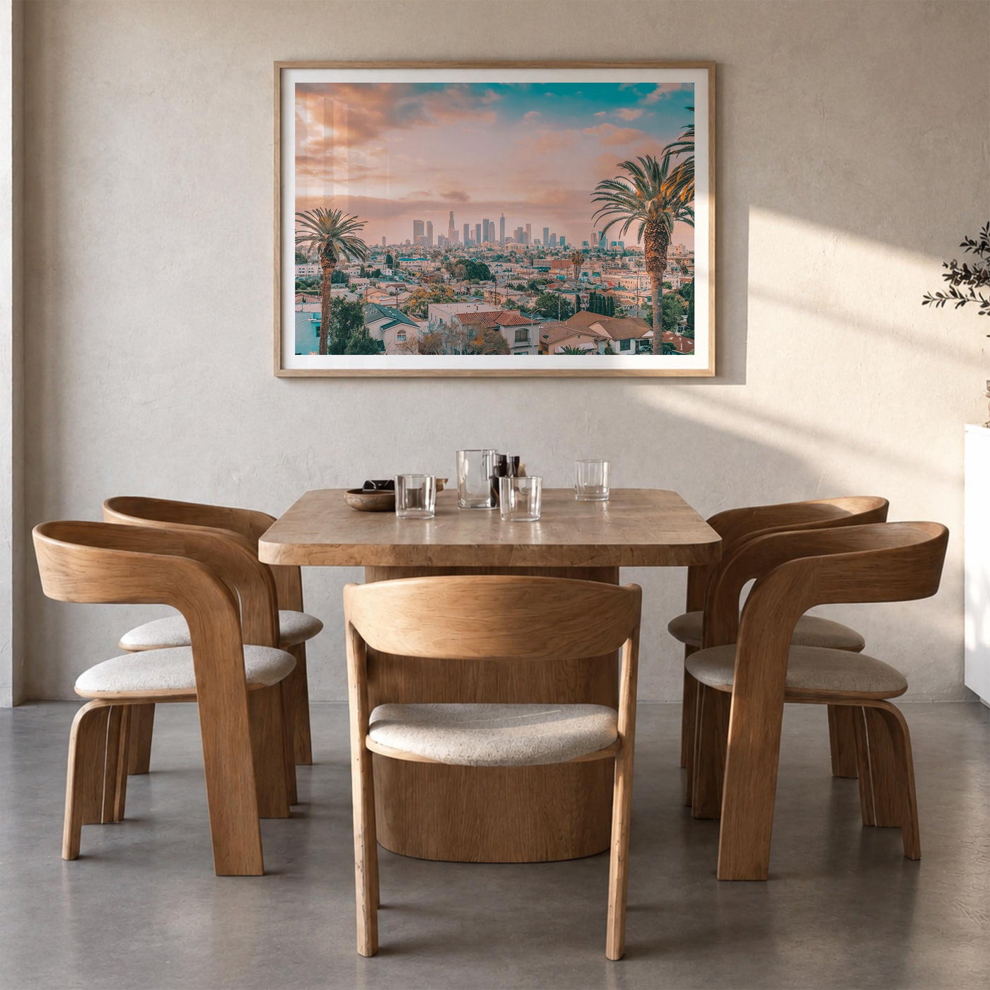 Los Angeles colorful photo poster of California, USA – horizontal wall art in natural wood frame with white border, hanging o